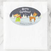 Aangepaste kerstbundel en deer-illustratie ovale sticker (Tas)