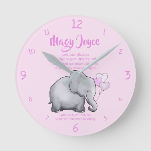 Aangepaste kerstdatum Baby Roze olifant Ronde Klok (Voorkant)
