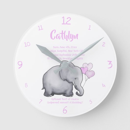 Aangepaste kerstdatum Baby Roze olifant Ronde Klok (Voorkant)