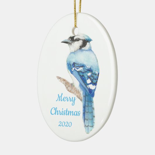 Aangepaste kerstfeestelijke Waterverf Blue Jay Bir Keramisch Ornament (Links)
