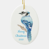 Aangepaste kerstfeestelijke Waterverf Blue Jay Bir Keramisch Ornament (Achterkant)