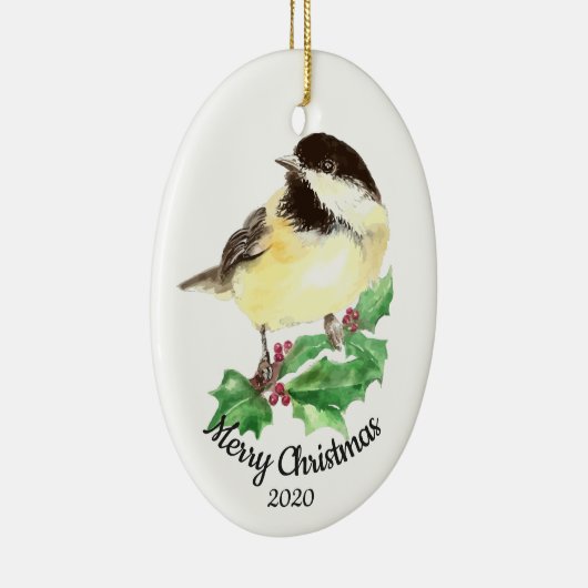 Aangepaste kerstfeestelijke Waterverf Chickadee Bi Keramisch Ornament (Rechts)