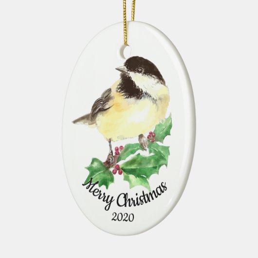 Aangepaste kerstfeestelijke Waterverf Chickadee Bi Keramisch Ornament (Links)