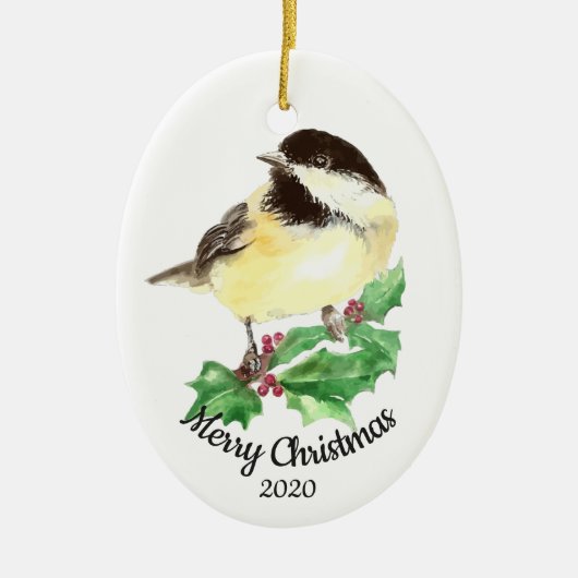 Aangepaste kerstfeestelijke Waterverf Chickadee Bi Keramisch Ornament (Voorkant)
