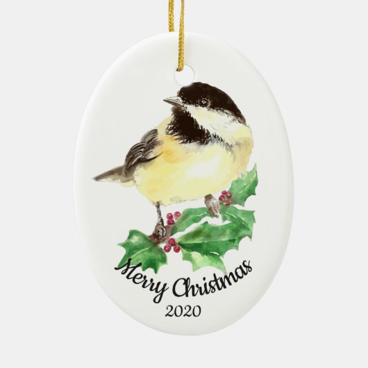 Aangepaste kerstfeestelijke Waterverf Chickadee Bi Keramisch Ornament (Achterkant)