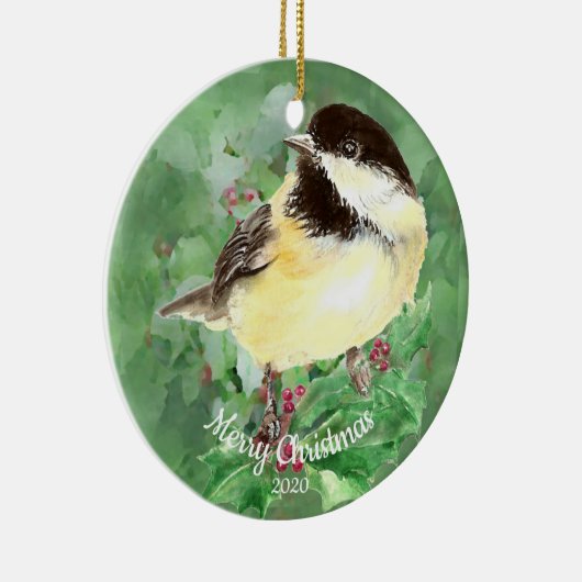 Aangepaste kerstfeestelijke Waterverf Chickadee Bi Keramisch Ornament (Rechts)