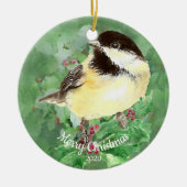 Aangepaste kerstfeestelijke Waterverf Chickadee Bi Keramisch Ornament (Voorkant)