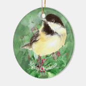 Aangepaste kerstfeestelijke Waterverf Chickadee Bi Keramisch Ornament (Links)