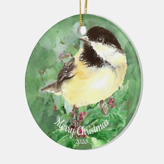 Aangepaste kerstfeestelijke Waterverf Chickadee Bi Keramisch Ornament (Links)