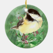 Aangepaste kerstfeestelijke Waterverf Chickadee Bi Keramisch Ornament (Achterkant)