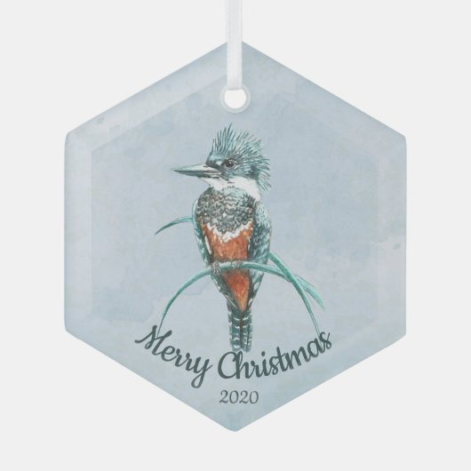 Aangepaste kerstfeestelijke Waterverf Kingfisher B Glas Ornament (Voorkant)