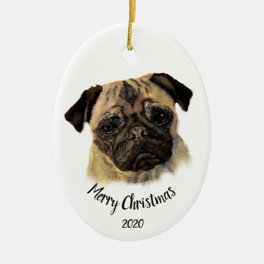 Aangepaste kerstfeestelijke Waterverf Pug Dog Pet Keramisch Ornament (Voorkant)