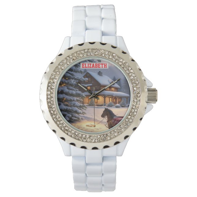 Aangepaste kerstfoto-achtergrond met gepersonalise horloge (Voorkant)