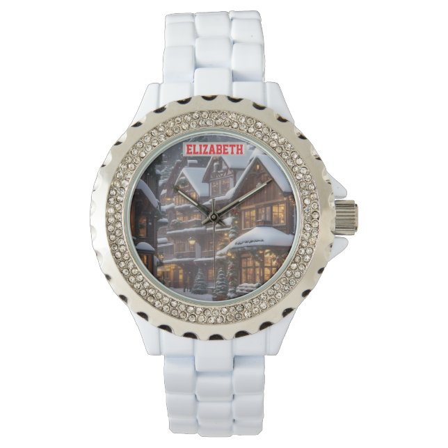 Aangepaste kerstfoto-achtergrond met gepersonalise horloge (Voorkant)