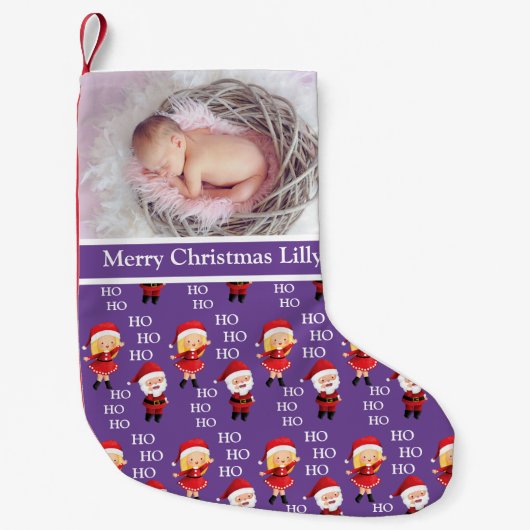 Aangepaste kerstfoto Baby, naam Santa Ho Ho Ho Kleine Kerstsok (Voorkant)