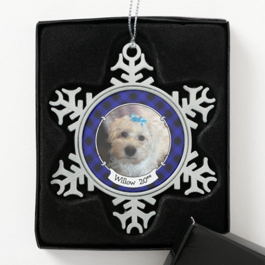 Aangepaste kerstfoto Blauw en zwart-witpakket Tin Sneeuwvlok Ornament (Kistje)