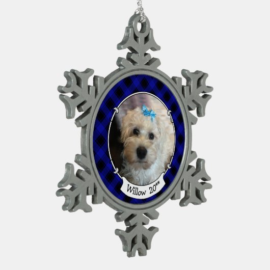 Aangepaste kerstfoto Blauw en zwart-witpakket Tin Sneeuwvlok Ornament (Links)