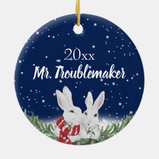 Aangepaste kerstfoto Bunny Rabbit Naam Keramisch Ornament (Achterkant)