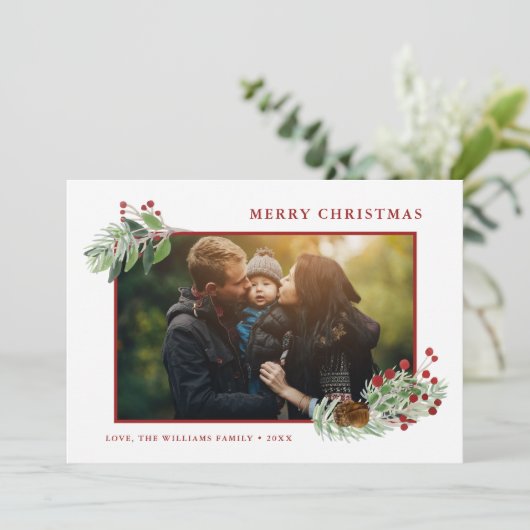 Aangepaste kerstfoto Greenery Feestdagenkaart (Staand voorkant)