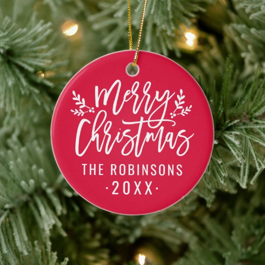 Aangepaste kerstfoto met rood script voor Merry-ke Keramisch Ornament (Boom)