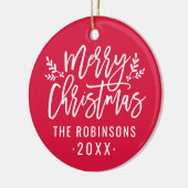 Aangepaste kerstfoto met rood script voor Merry-ke Keramisch Ornament (Links)