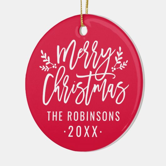 Aangepaste kerstfoto met rood script voor Merry-ke Keramisch Ornament (Links)