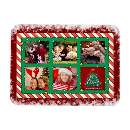 Aangepaste kerstfoto met vijf foto's magneet (Horizontaal)