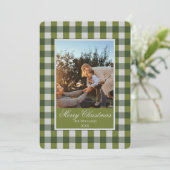 Aangepaste kerstfoto op groene geruite stof feestdagenkaart (Staand voorkant)