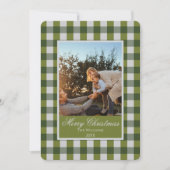 Aangepaste kerstfoto op groene gingham feestdagenkaart (Voorkant)