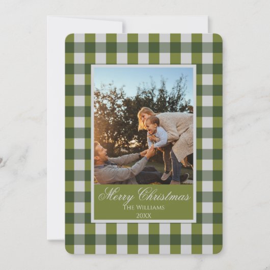 Aangepaste kerstfoto op groene gingham feestdagenkaart (Voorkant)