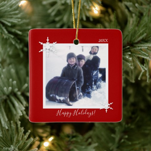 Aangepaste kerstfoto Red Snowflake Keramisch Ornament (Boom)
