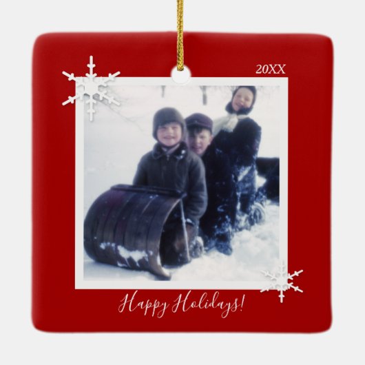 Aangepaste kerstfoto Red Snowflake Keramisch Ornament (Achterkant)