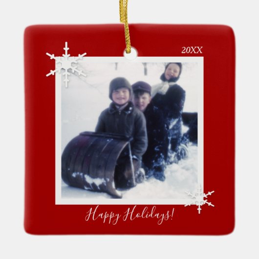 Aangepaste kerstfoto Red Snowflake Keramisch Ornament (Voorkant)