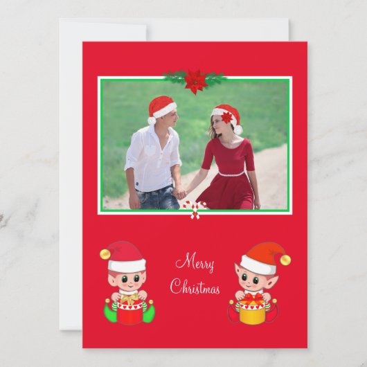Aangepaste kerstfoto & schattige elf op rood (Voorkant)