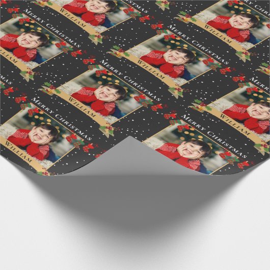 Aangepaste kerstfoto zwart cadeaupapier (Hoek)