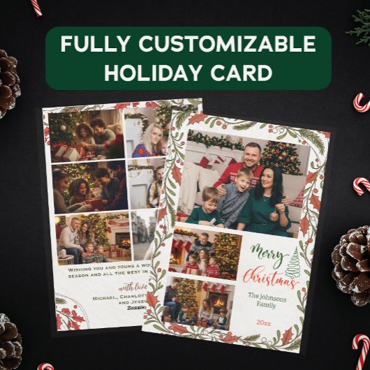 Aangepaste kerstfotocollage met Holly Script Feestdagenkaart