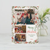 Aangepaste kerstfotocollage met Holly Script Feestdagenkaart (Staand voorkant)