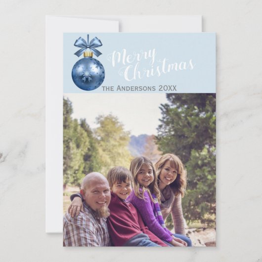 aangepaste kerstfotokaart blauwe versiering feestdagenkaart (Voorkant)