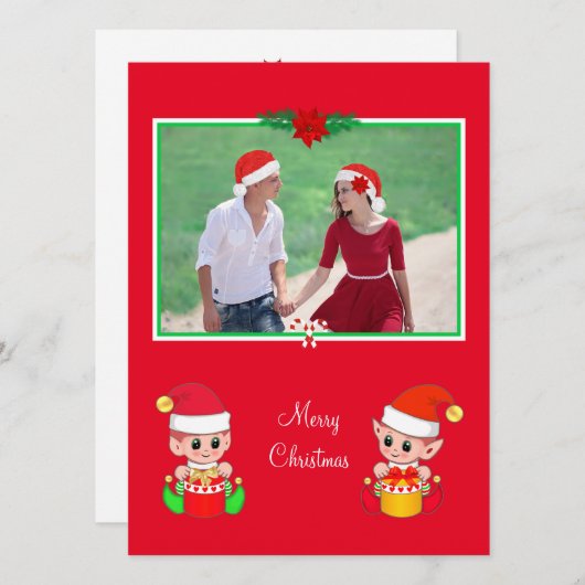 Aangepaste kerstfoto's en cute Elf op rood (Voorkant / Achterkant)