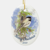 Aangepaste kerstgebondenheid Chickadee Bird Keramisch Ornament (Achterkant)