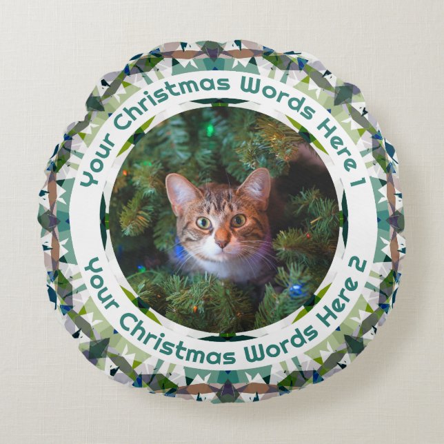 Aangepaste kerstgroene bruine paarse gezinsfoto rond kussen (Voorkant)