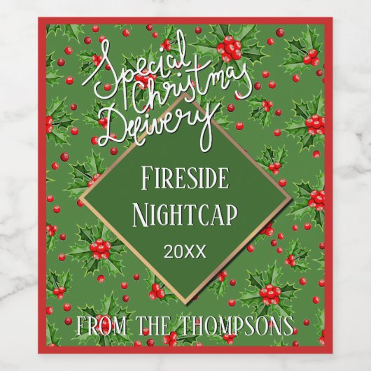 Aangepaste Kerstgroene Hulstbladeren en Rode Besse Wijn Etiket (Enkel label)