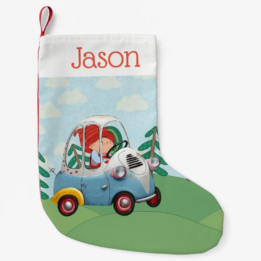 Aangepaste kerstinslag - Elf in een auto Kleine Kerstsok (Voorkant)