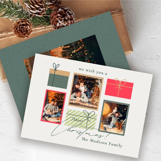 Aangepaste kerstkaart met 4 foto's | Modern rood g