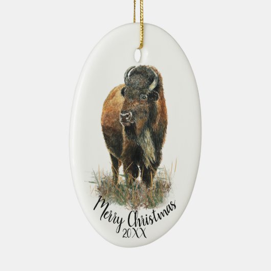 Aangepaste kerstkerstWaterverf Bison Buffalo Ce Keramisch Ornament (Rechts)