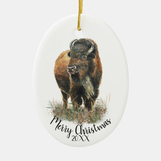 Aangepaste kerstkerstWaterverf Bison Buffalo Ce Keramisch Ornament (Voorkant)
