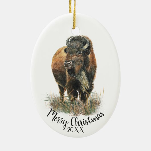 Aangepaste kerstkerstWaterverf Bison Buffalo Ce Keramisch Ornament (Achterkant)