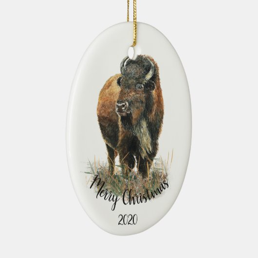 Aangepaste kerstkerstWaterverf Bison Buffalo Keramisch Ornament (Rechts)