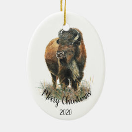 Aangepaste kerstkerstWaterverf Bison Buffalo Keramisch Ornament