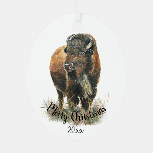 Aangepaste kerstkerstWaterverf Bison Buffalo Metalen Ornament (Achterkant)